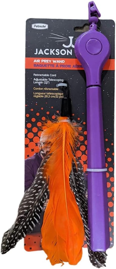 Jackson Galaxy Air Prey Wand for Cats with Retractable Cord, 32-Inch Adjustable Telescoping Length, and 4 Feathers