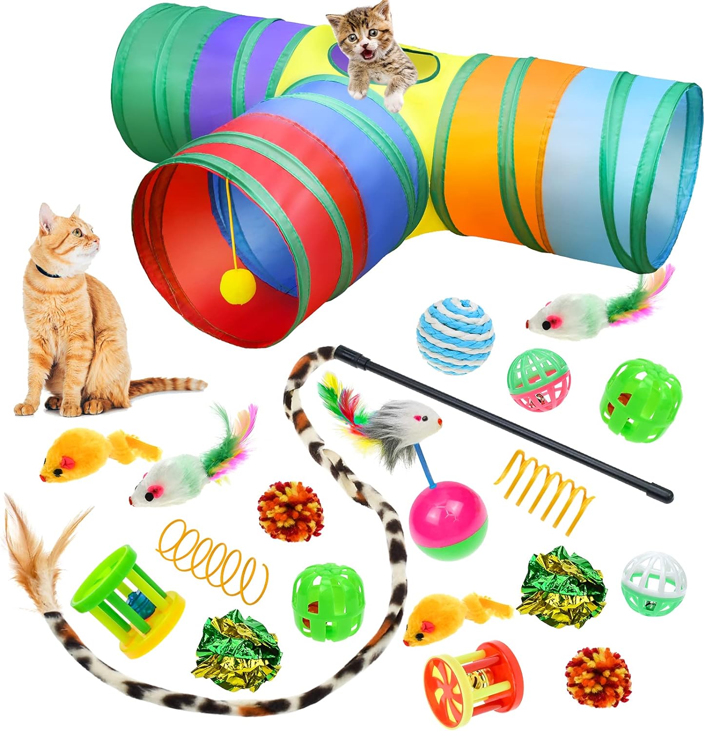 Malier Cat Toys Kitten Toys Set, Collapsible Cat Tunnels for Indoor Cats, Interactive Kitty Toys Cat Feather Toy Fluffy Mouse Crinkle Balls Cat 3 Way Tube Tunnel Toys for Cat Puppy Kitty Kitten